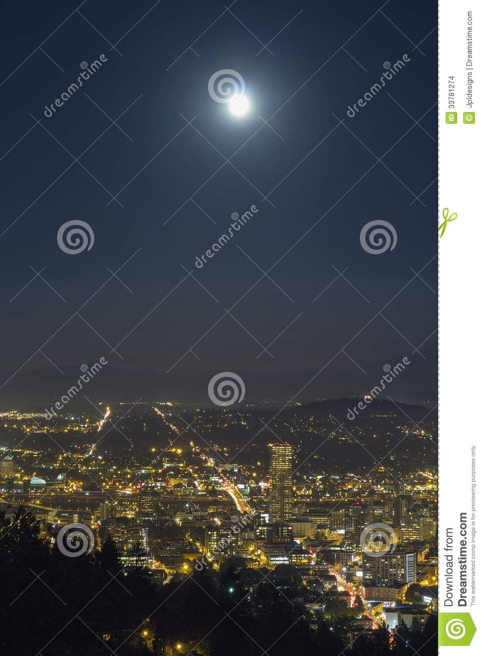 Harvest Full Moon Rise Over Portland Oregon At Night With City Lights    