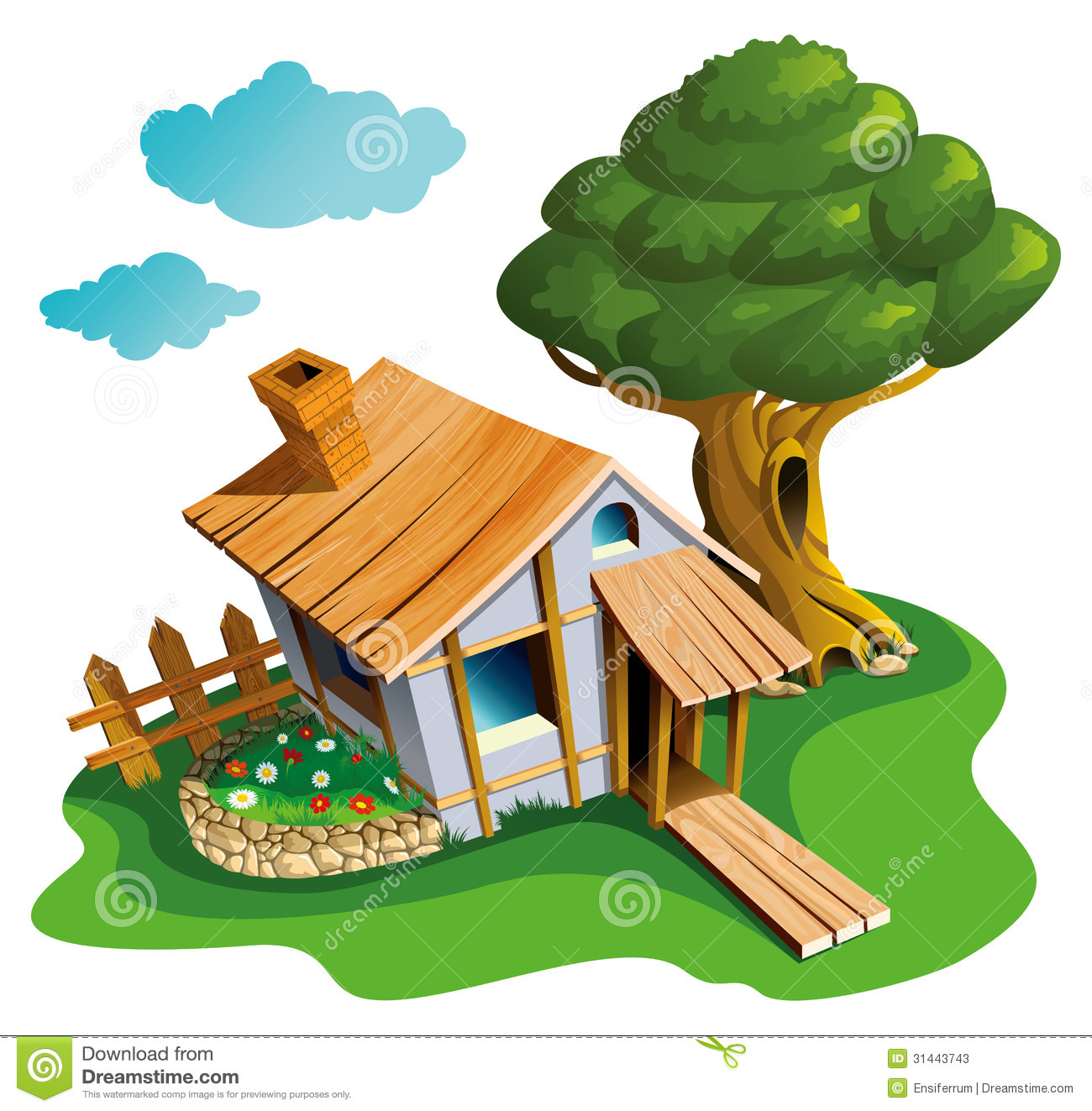 Small Village House With Flower Bed And Big Tree Vector Illustration