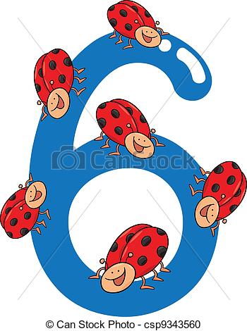 Vector Clipart Of Number Six And 6 Ladybug   Cartoon Illustration With