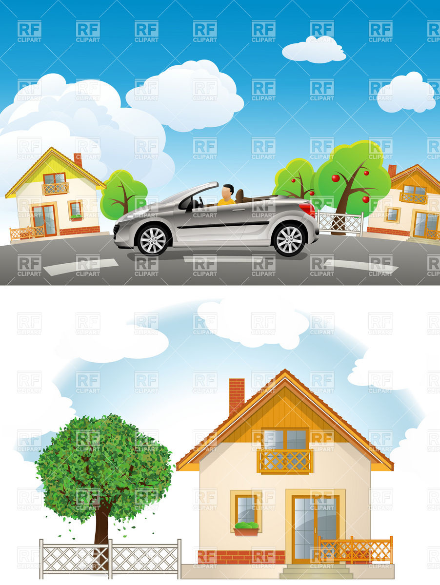 Car Road Tree Home House 5503 Download Royalty Free Vector Clipart