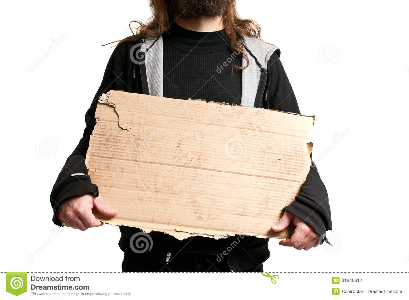 Homeless Man Holding A Cardboard Sign Isolated On White