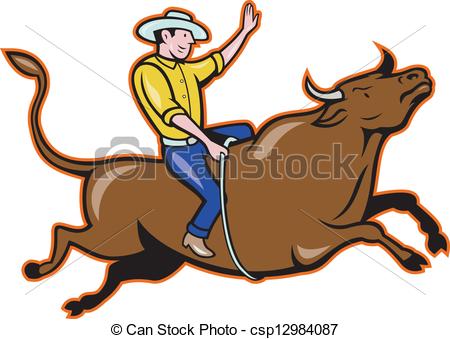 Vector Of Rodeo Cowboy Bull Riding Cartoon   Illustration Of Rodeo