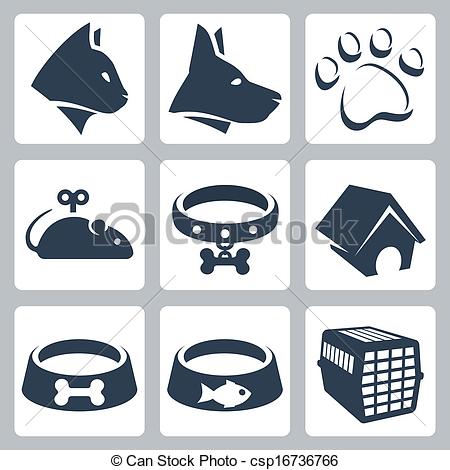 Vector Pet Icons Set  Cat Dog Pawprint Mouse Collar Kennel Bowls    
