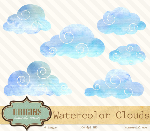 Blue Watercolor Clouds Clipart   Illustrations On Creative Market
