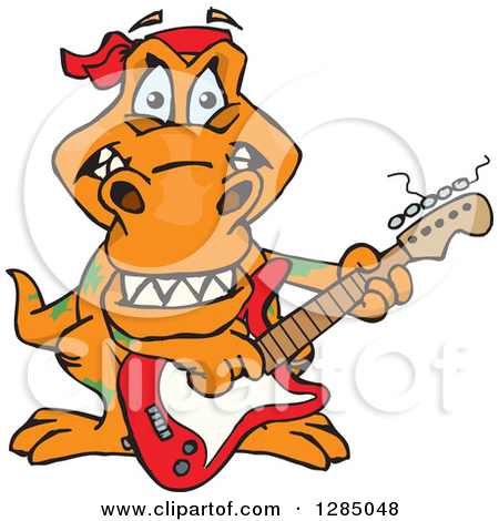 Cartoon Happy T Rex Dinosaur Playing An Electric Guitar By Dennis