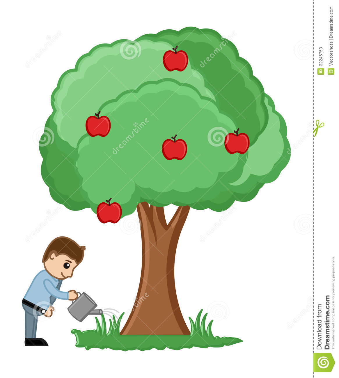 Conceptual Drawing Art Of Young Cartoon Man Watering A Fruits Tree