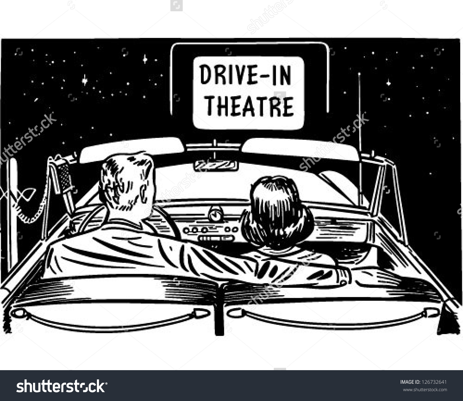 Couple At Drive In Theatre   Retro Clipart Illustration