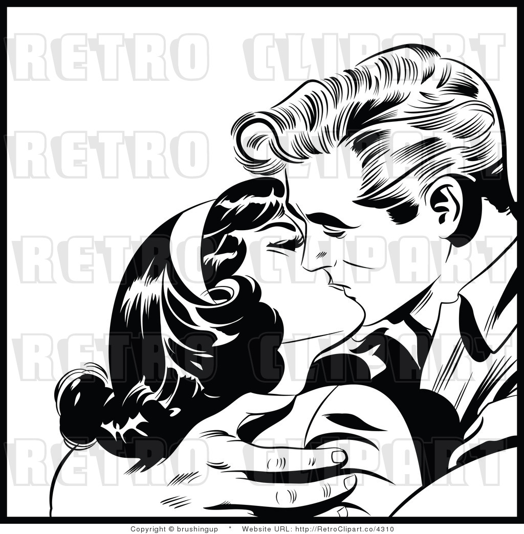 Royalty Free Retro Pop Art Couple Kissing Black And White Clipart By