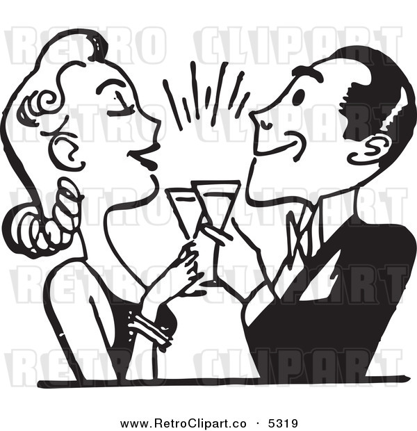 Vector Clipart Of A Black And White Retro Couple Toasting By