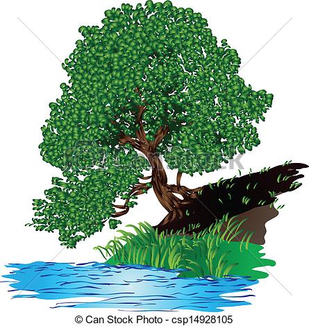 Vector Clipart Of Tree Near The Water   Tree With Dense Green Foliage