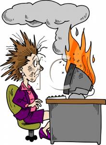 Cartoon Woman At Work With Her Computer On Fire Royalty Free Clipart