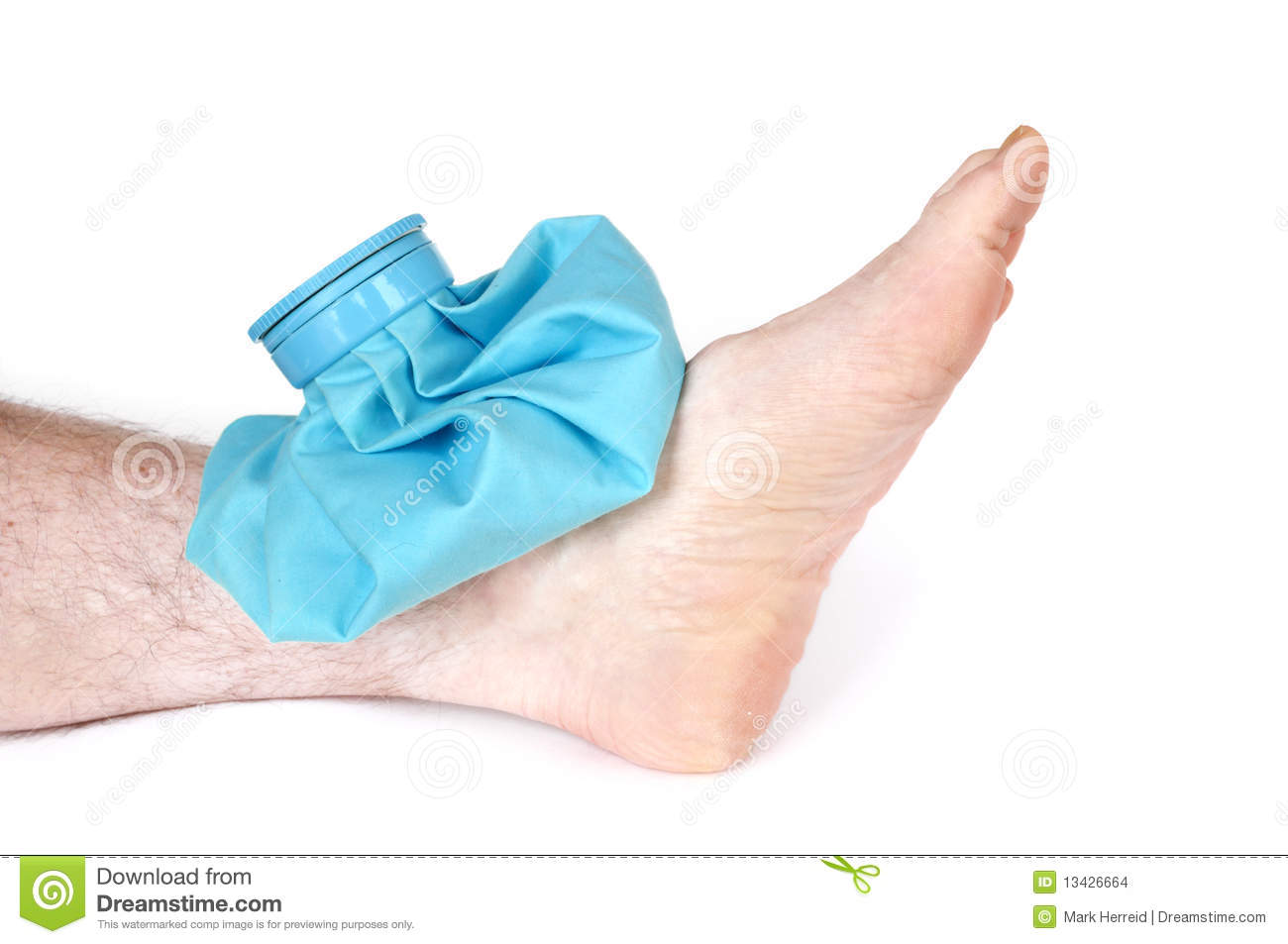 Icing A Sprained Ankle With Ice Pack Isolated On White