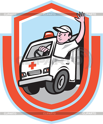 Illustration Of An Ambulance Emergency Vehicle With Driver Waving Set