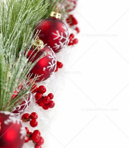 Red Christmas Decorations With Pine Branches With Copy Space