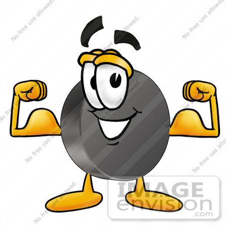 Clip Art Graphic Of An Ice Hockey Puck Cartoon Character Flexing His