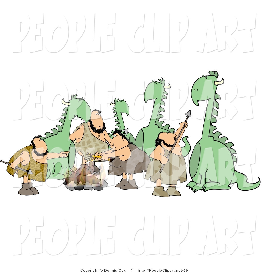 Larger Preview  Clip Art Of Dinosaurs   Cavemen On A White Background