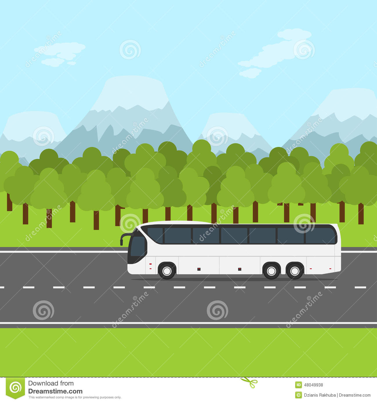 Picture Of A Bus On The Road With Forest And Mountains On Background