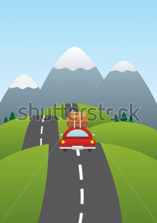 Vector Illustration Of A Car On A Road With Mountains In Background