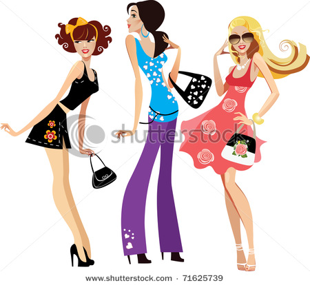Young Ladies Showing Off Their Clothes   Vector Clipart Illustration