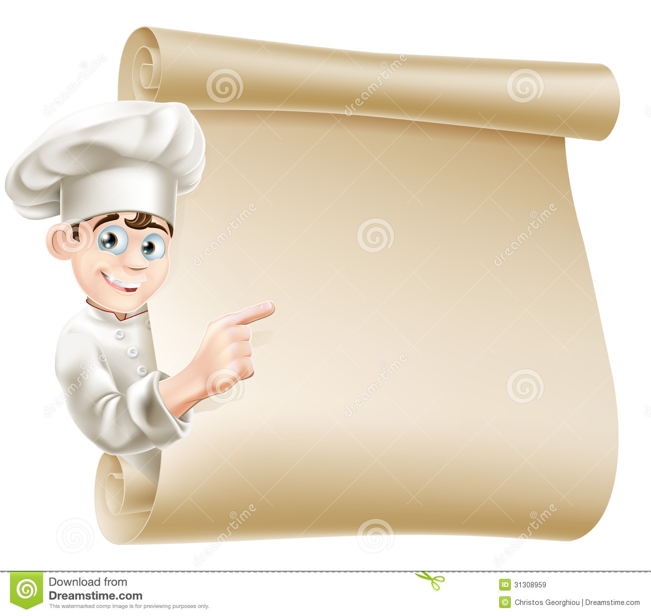 Happy Chef Character Pointing At A Scroll Maybe With A Menu On It