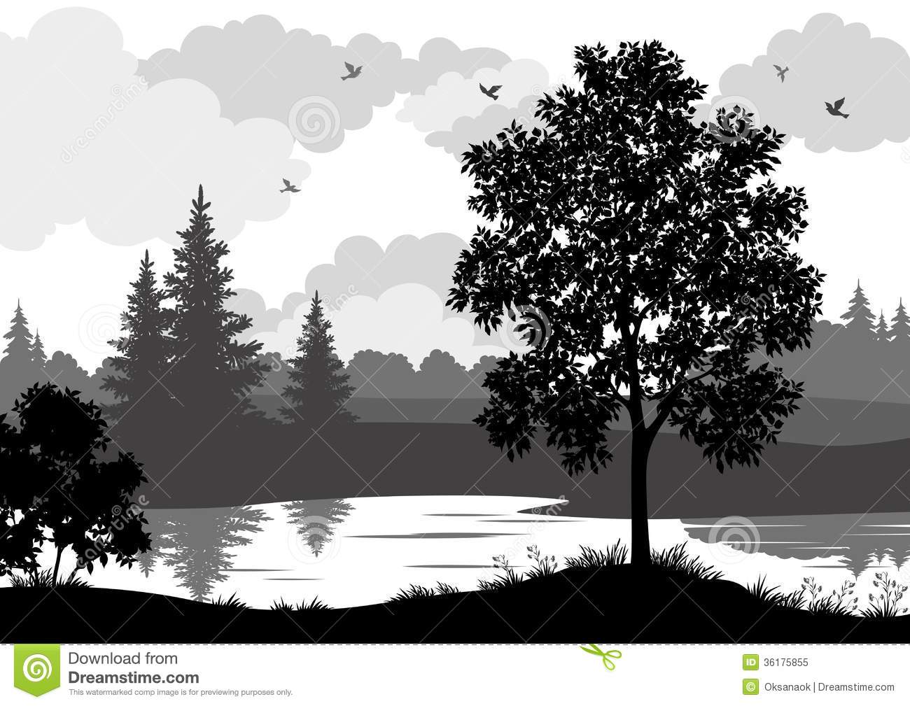 Landscape Trees River And Birds Silhouette Royalty Free Stock Photo