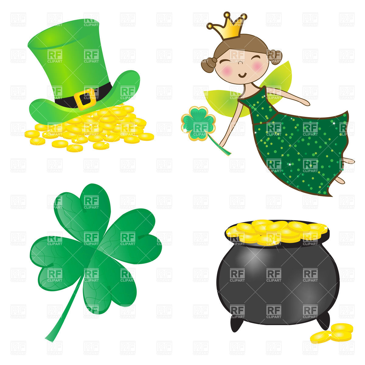 St  Patrick S Day Symbols   Pot Of Gold Clover Top Hat And Fairy    