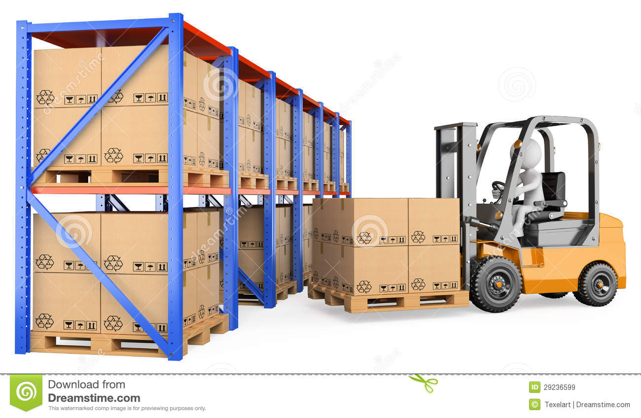 3d White People  Forklift In A Warehouse Royalty Free Stock Images    