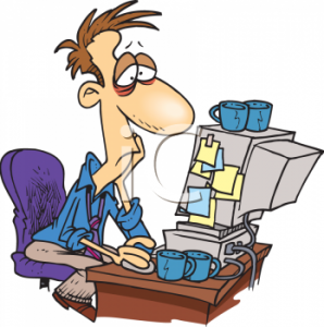     Cartoon Of A Tired Man Working On His Computer Clipart Image2 298x300