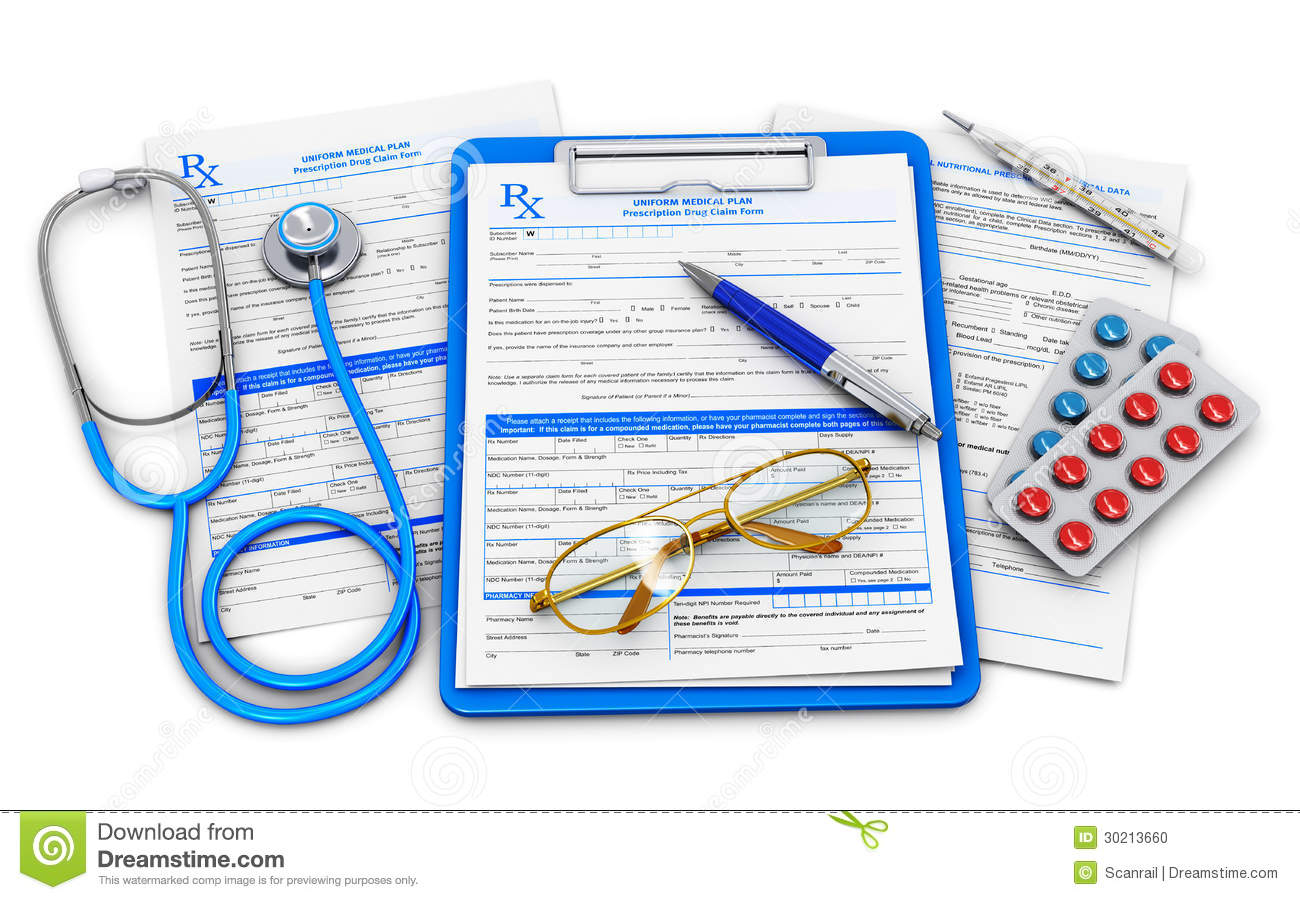 Claim Form Stethoscope Eyeglasses And Blue Ballpoint Pen Isolated On