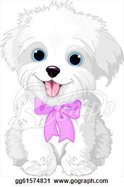 Clip Art   Cute White Lap Dog Puppy Posing With Pink Ribbon  Stock