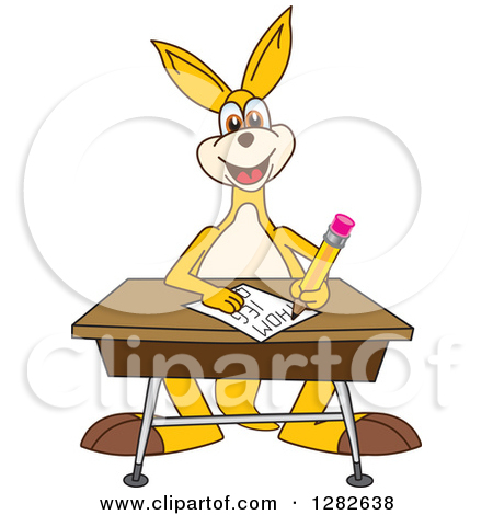 Clipart Of A Happy Kangaroo School Mascot Character Writing At A Desk