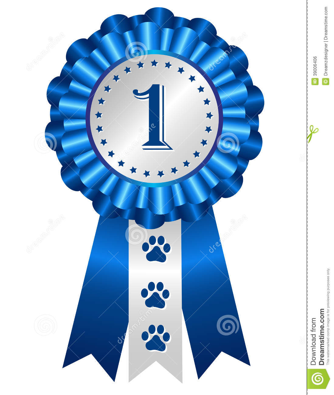 Dog Competition Winner Silver   Blue Award Ribbon Rosette With No 1 On