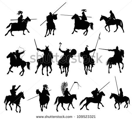 Knights And Medieval Warriors On Horseback Detailed Silhouettes Set