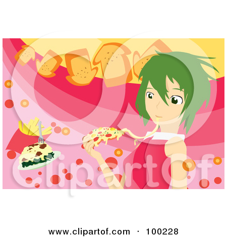 Rf  Clipart Illustration Of A Green Haired Girl Eating Cheesy Pizza