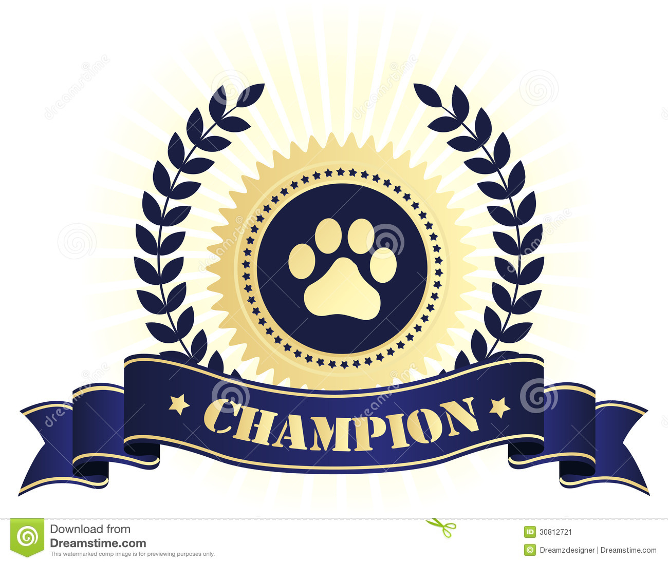 Ribbon With Champion Text And Paw Print On Center  Perfect For Dog