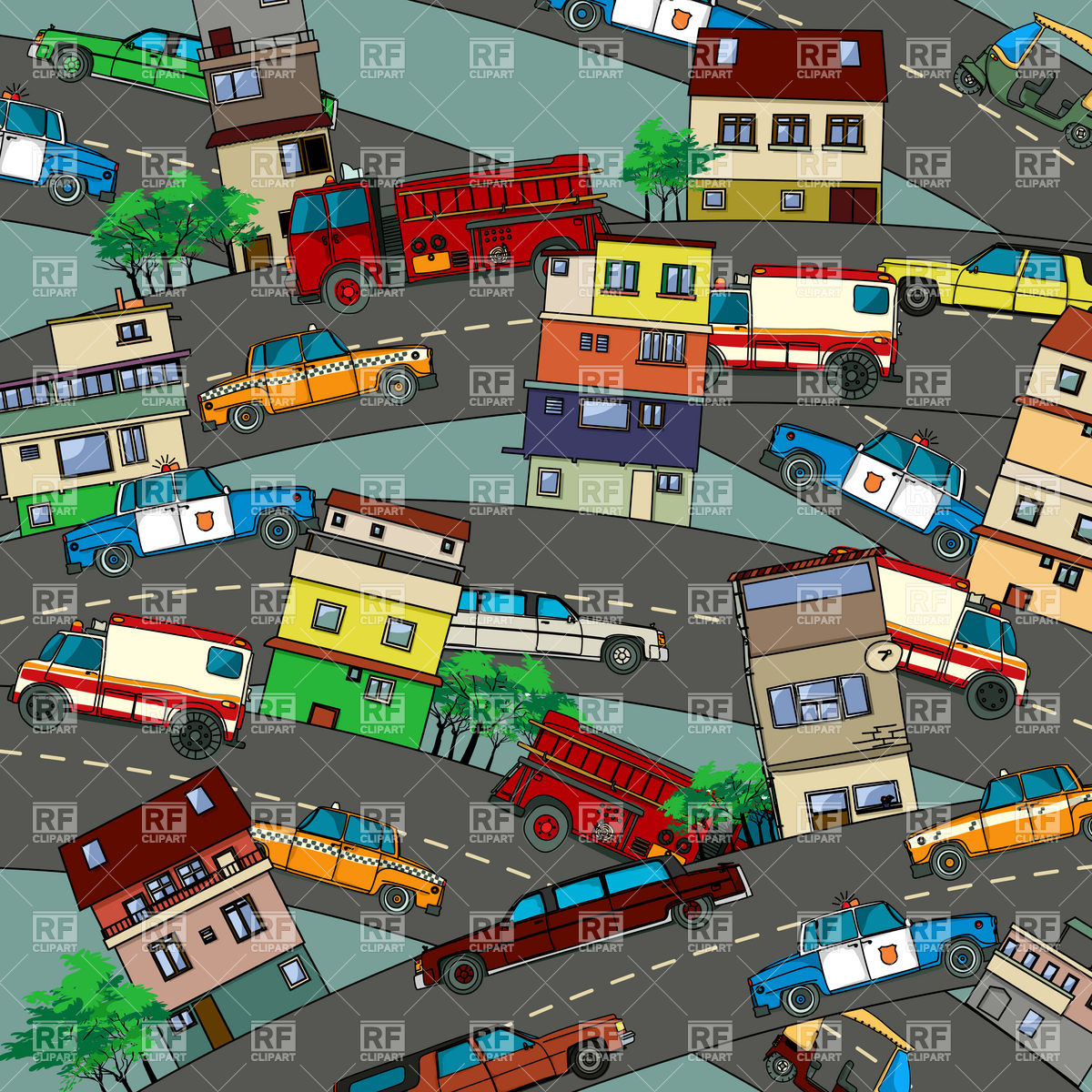 Streets Cars And Houses   Urban Cityscape With Heavy Traffic Vector