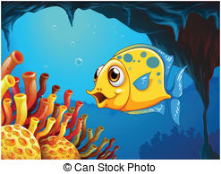 Big Yellow Fish Under The Sea Inside The Sea Cave Vectors