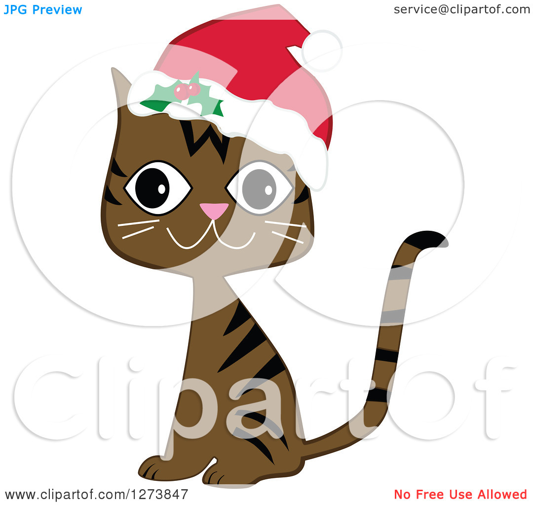 Clipart Of A Happy Sitting Brown Christmas Tabby Cat Wearing A Santa    