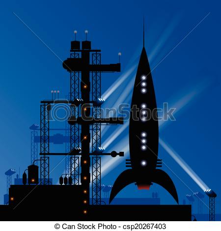 Clipart Of Launch Pad   A Retro Cartoon Rocket At Night On A Launch