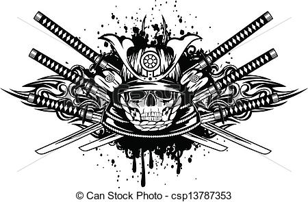 Clipart Vector Of Skull In Samurai Helmet And Crossed Samurai Swords