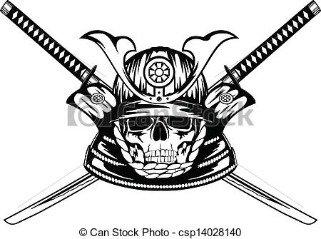 Eps Vector Of Skull In Samurai Helmet And Crossed Katanas   Vector