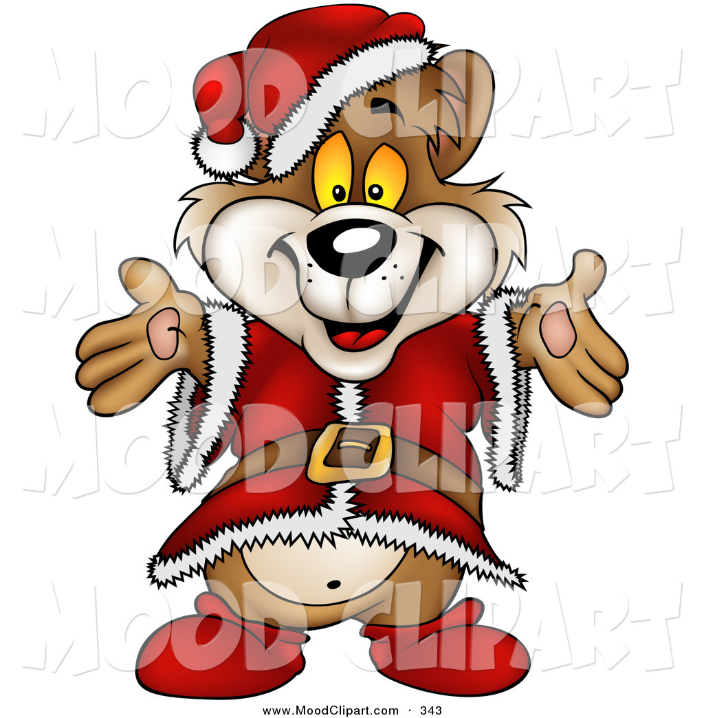 Festive Cute Christmas Bear In A Santa Suit And Hat Holding His Arms