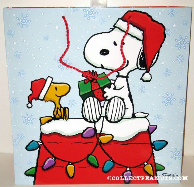 Snoopy Giving Woodstock Christmas Gift On Doghouse Gift Bag