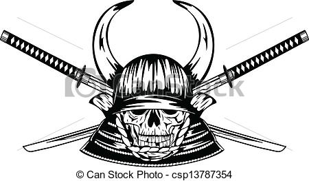 Vector   Skull In Samurai Helmet With Horns And Samurai Swords   Stock