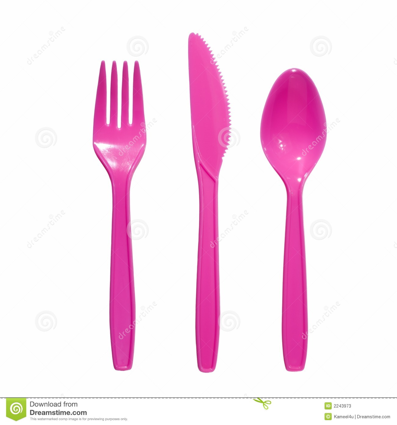 Vibrant Pink Plastic Fork Knife And Spoon Isolated On White