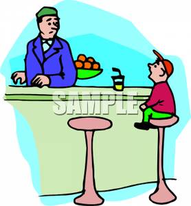 Boy Sitting On A Stool In A Restaurant Talking To The Waiter   Clipart