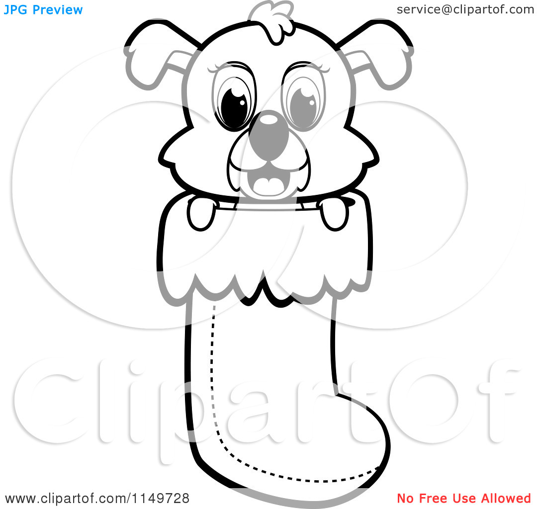 Clipart Of A Black And White Cute Puppy Dog Peeping Out Of A Christmas