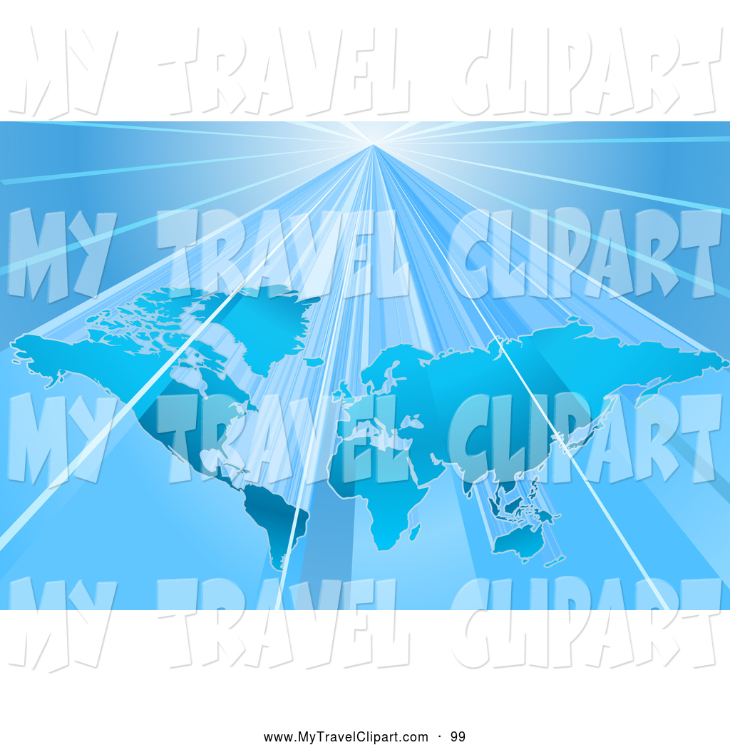 Clipart Of A Blue World Map Over A Lighter Blue Background With Bright
