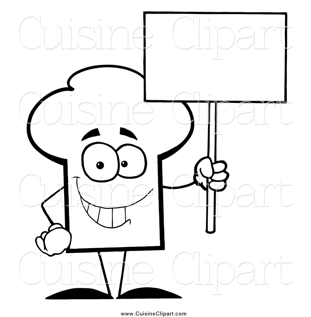 Cuisine Clipart Of A Black And White Chef Hat Guy Holding A Blank Sign