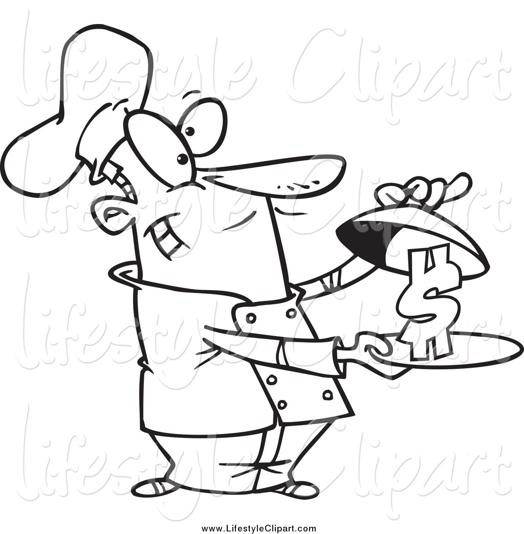 Lifestyle Clipart Of A Black And White Chef Revealing A Dollar Symbol